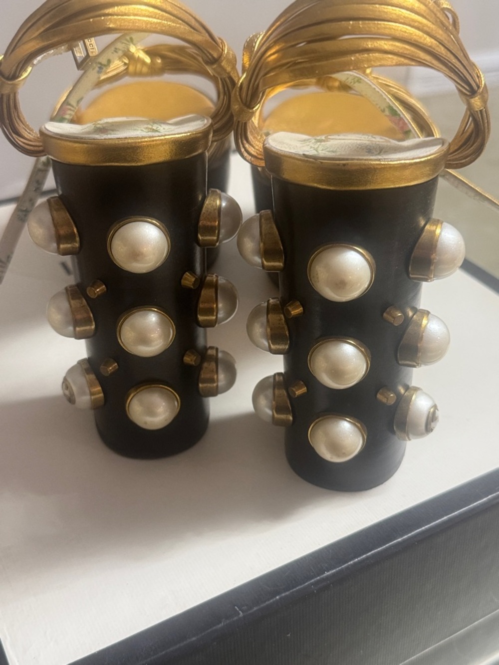 Gucci Gold Metallic Pearl-Embellished Platform Sandals - Picture 7 of 8